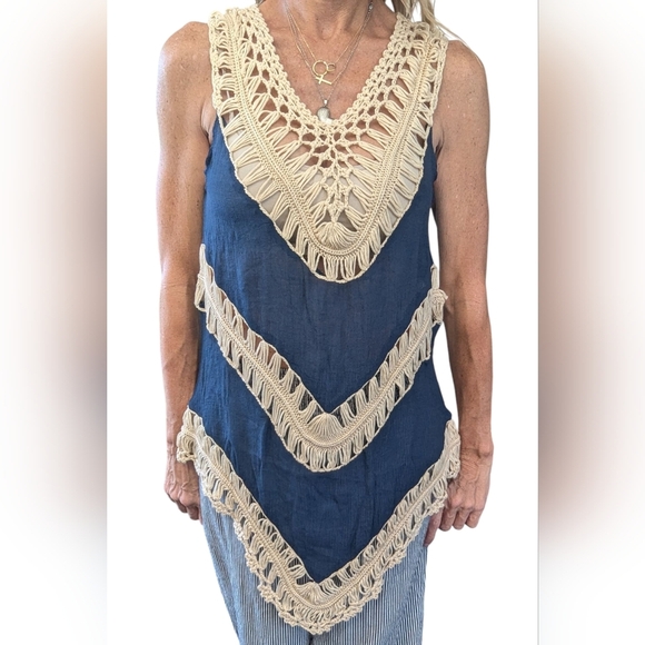 Vivid Importers Boho Cotton Navy Crochet Accent Asymmetrical Tank Blouse Size S - Picture 9 of 12